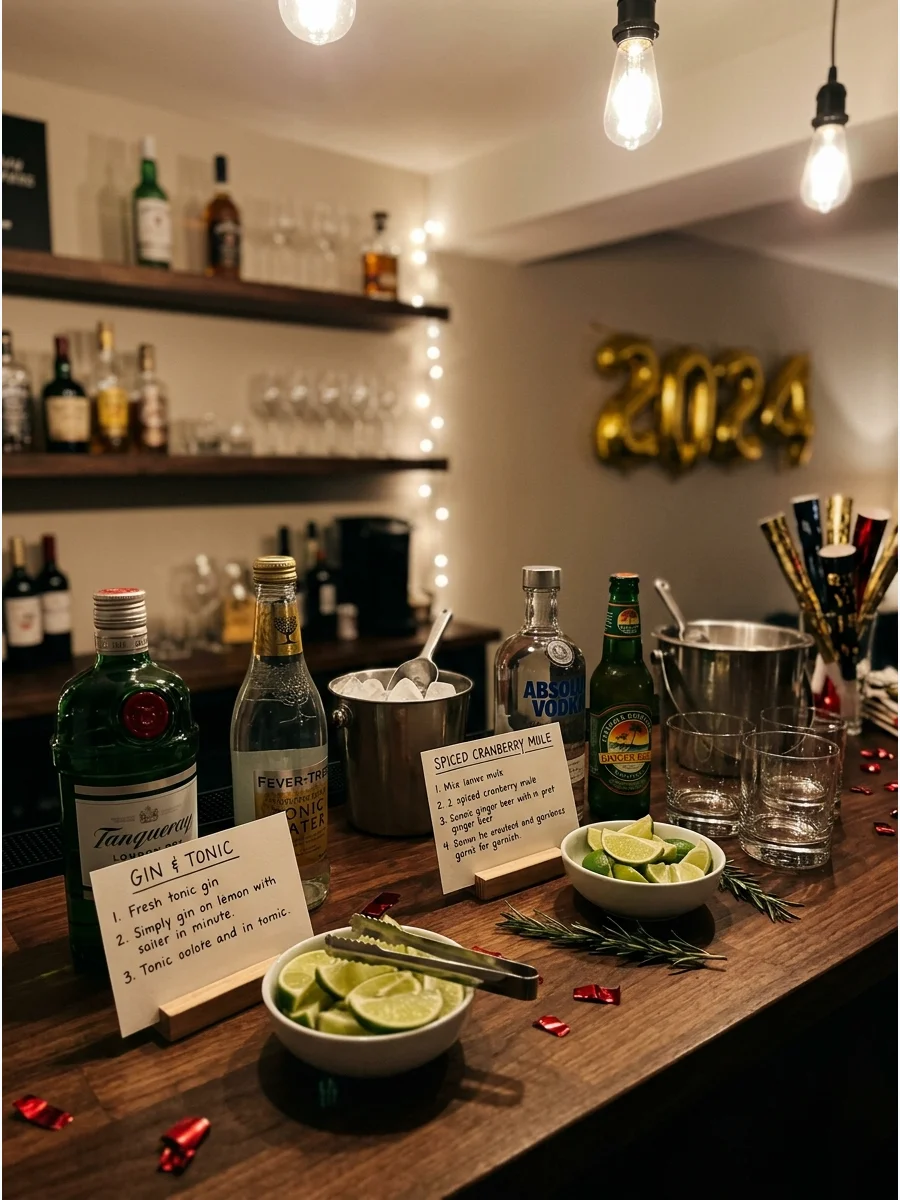 A self-serve cocktail station with bottles, mixers, and recipe cards.