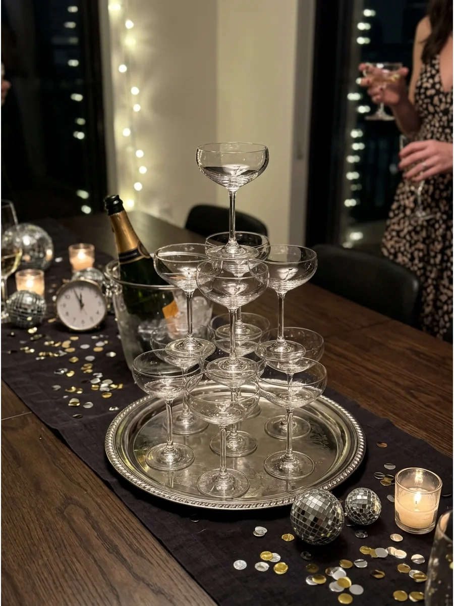 A pyramid of champagne coupe glasses stacked on a silver tray.