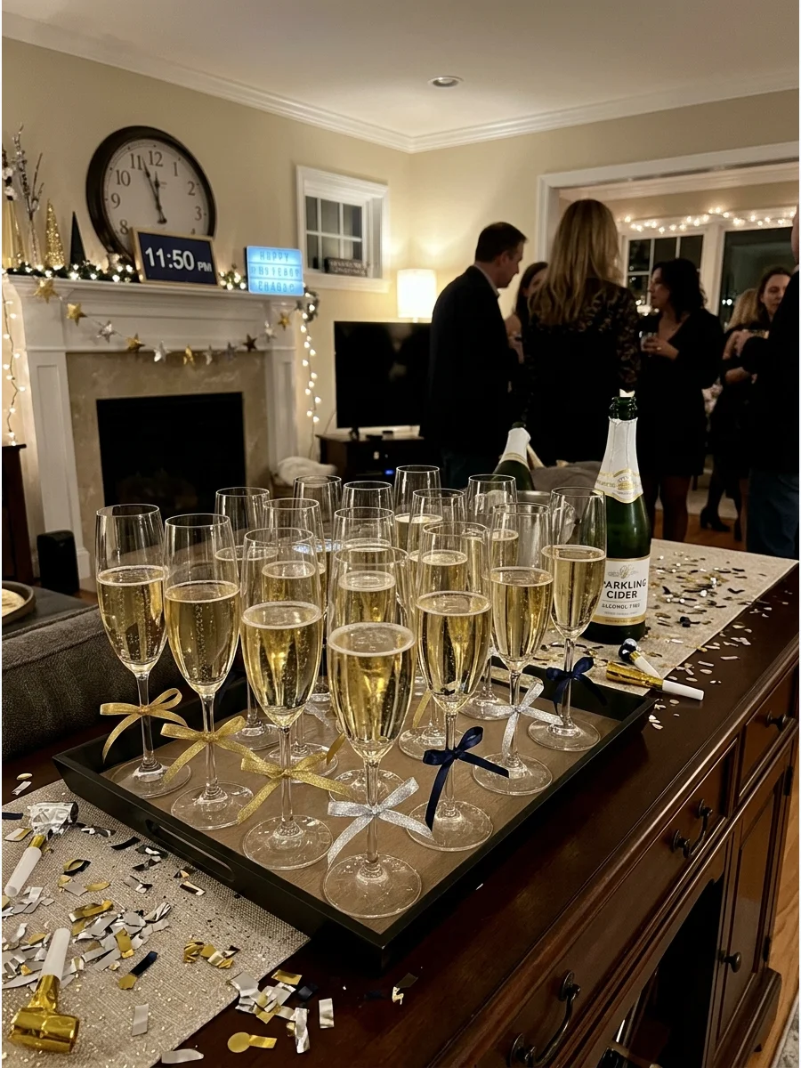 A tray of sparkling cider in flutes ready for a midnight toast.