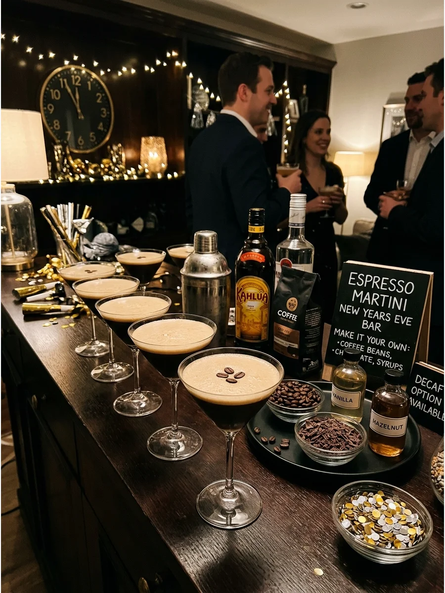An espresso martini station with shakers and coffee bean garnishes.