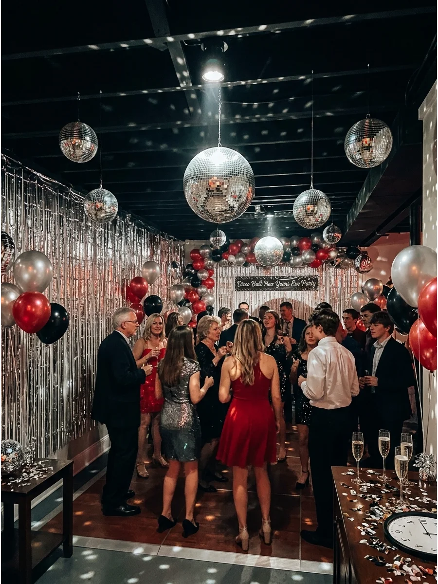A party room filled with disco balls and metallic decorations.