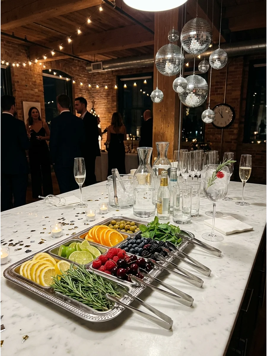 A divided tray filled with various cocktail garnishes and gold stir sticks.