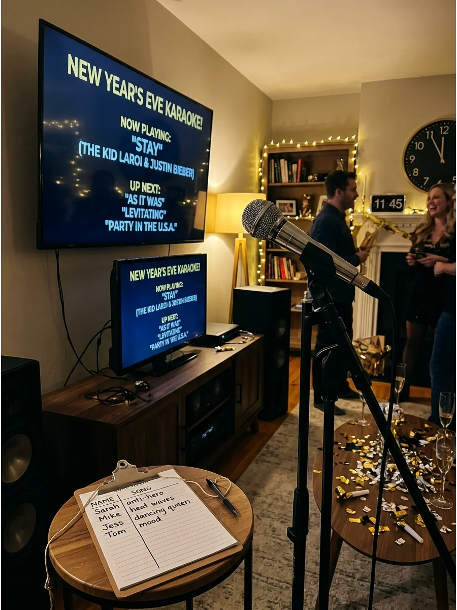 Microphone and screen setup for karaoke in a living room with gold decorations.