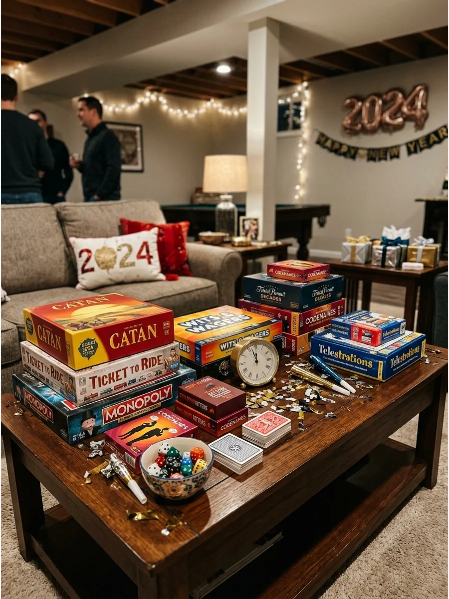 Board games and snacks on a basement table for a New Year's Eve party.