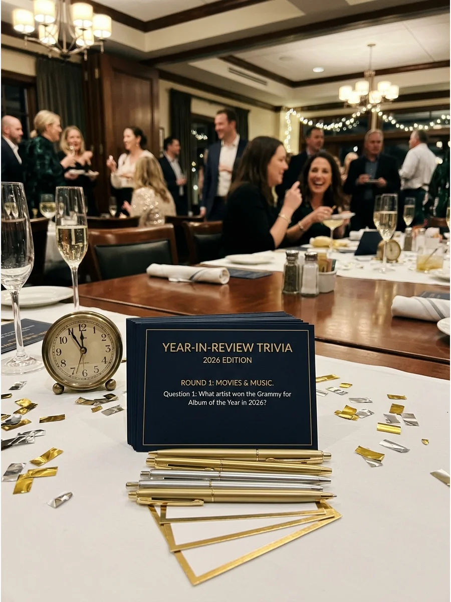 Trivia cards on a dining table for a 2026 year-in-review game.