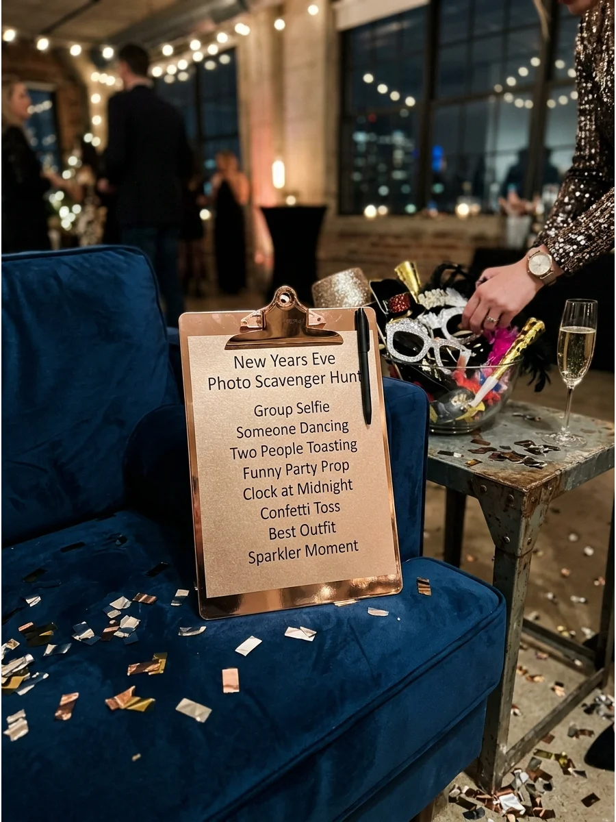 Scavenger hunt list on a clipboard in a modern loft setting.
