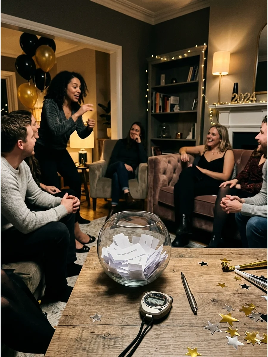 Charades prompt bowl on a coffee table in a decorated living room.