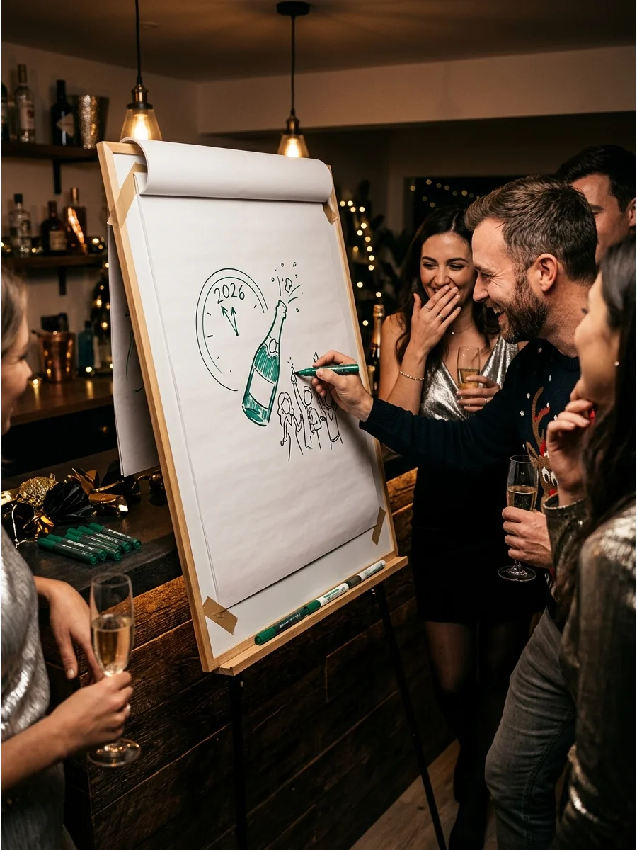 Easel and markers set up for Pictionary in a home bar area.