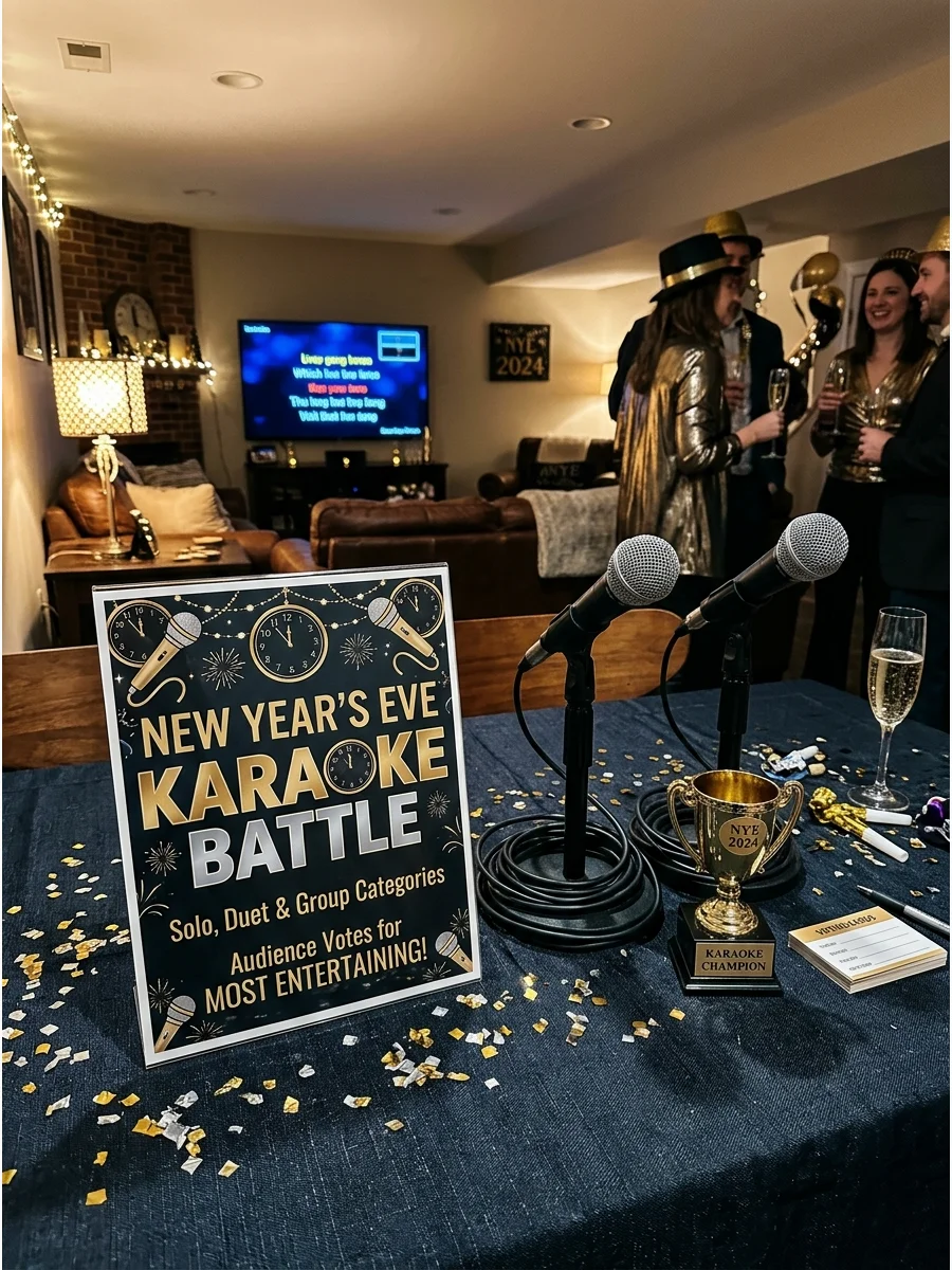 Karaoke battle setup with microphones and signage in a finished basement.