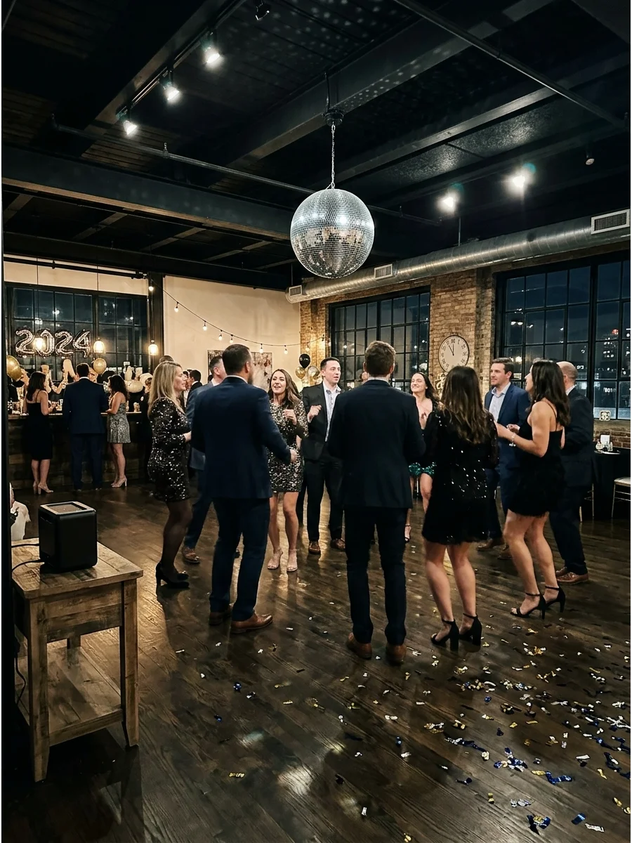Open dance floor in a loft with a disco ball and blue lighting.