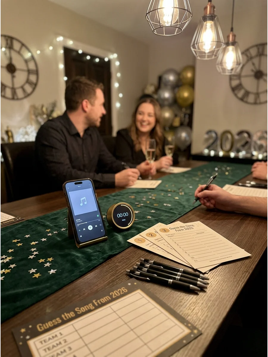 Music trivia setup with a smartphone and answer sheets on a table.