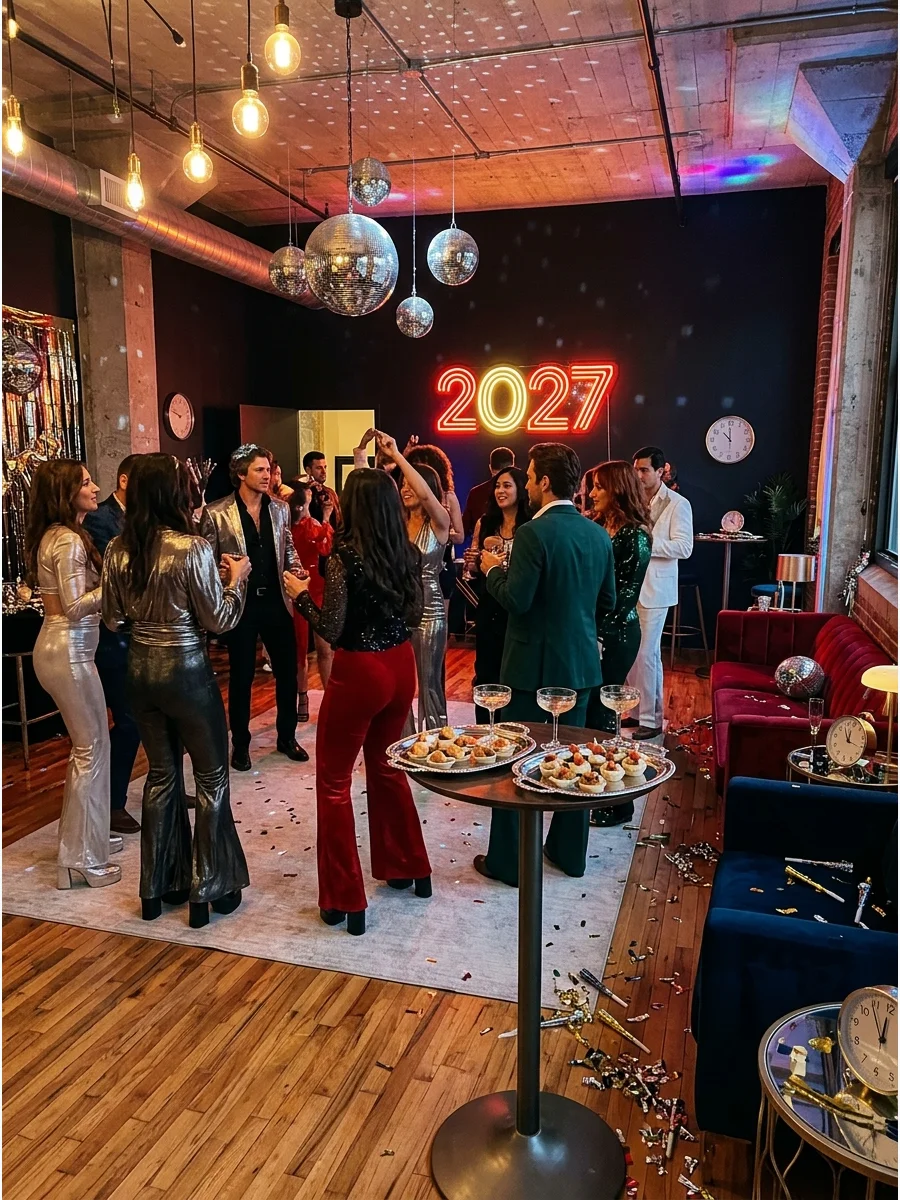 A Studio 54 inspired party with a neon sign and dance floor.