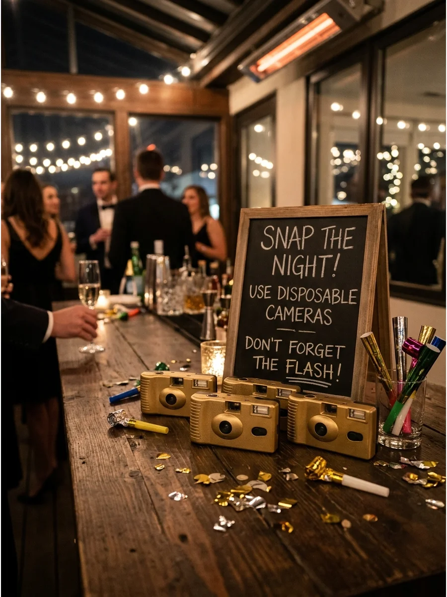 Disposable cameras on a patio table under warm string lights.