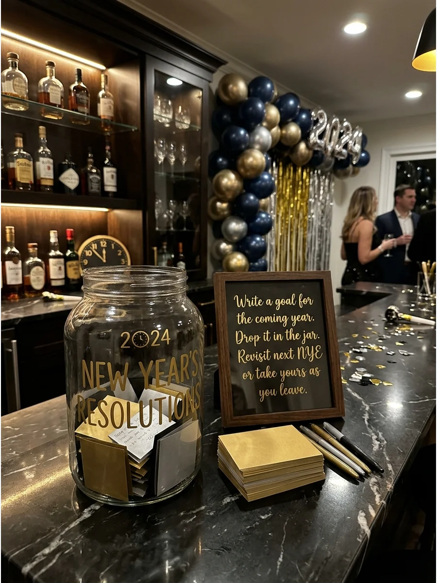 A resolution jar on a bar top with gold cards.