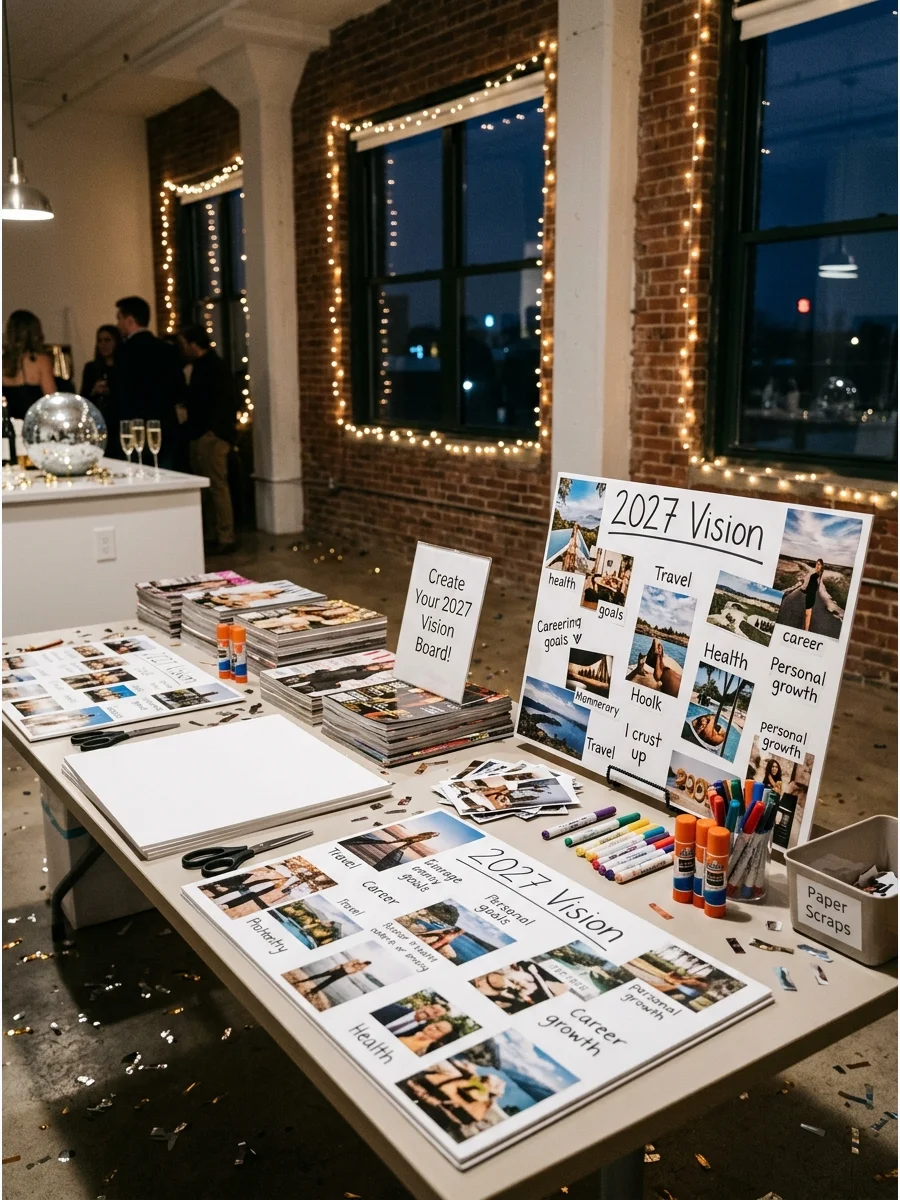 A vision board station with magazines and craft supplies.