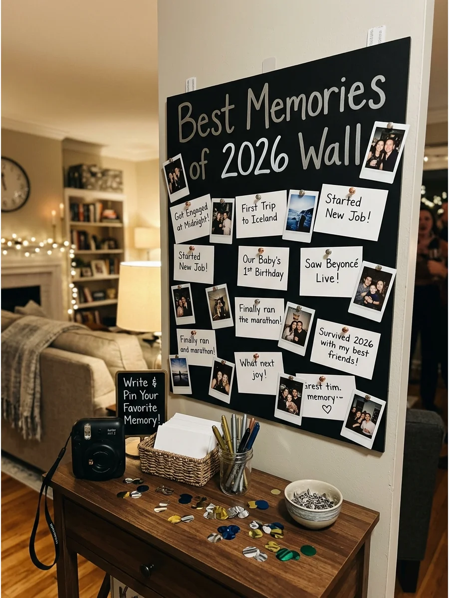 A memory wall with photos and notes pinned to a black board.