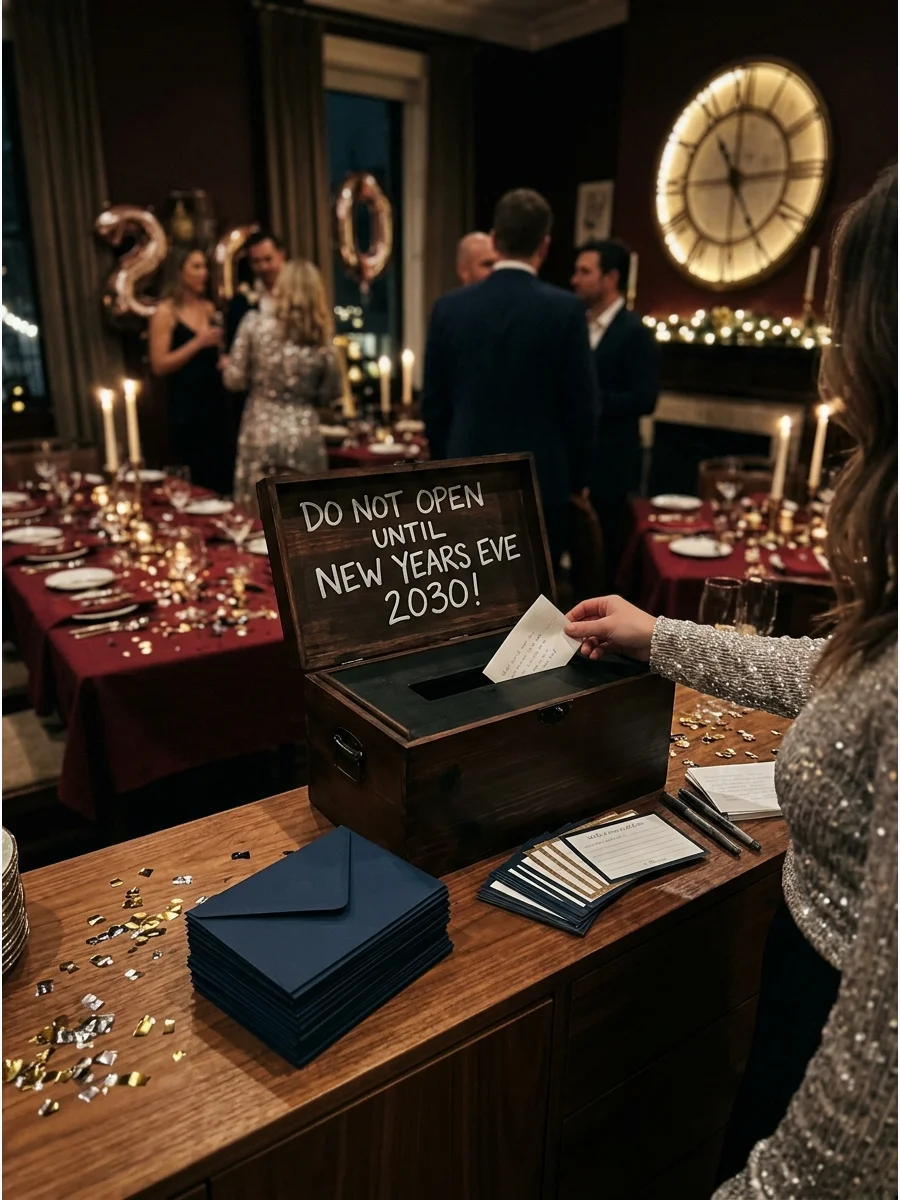 A wooden time capsule box on a dining room sideboard.