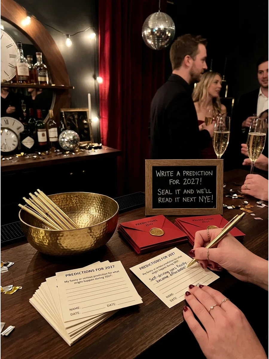 Prediction cards and gold pens on a home bar.