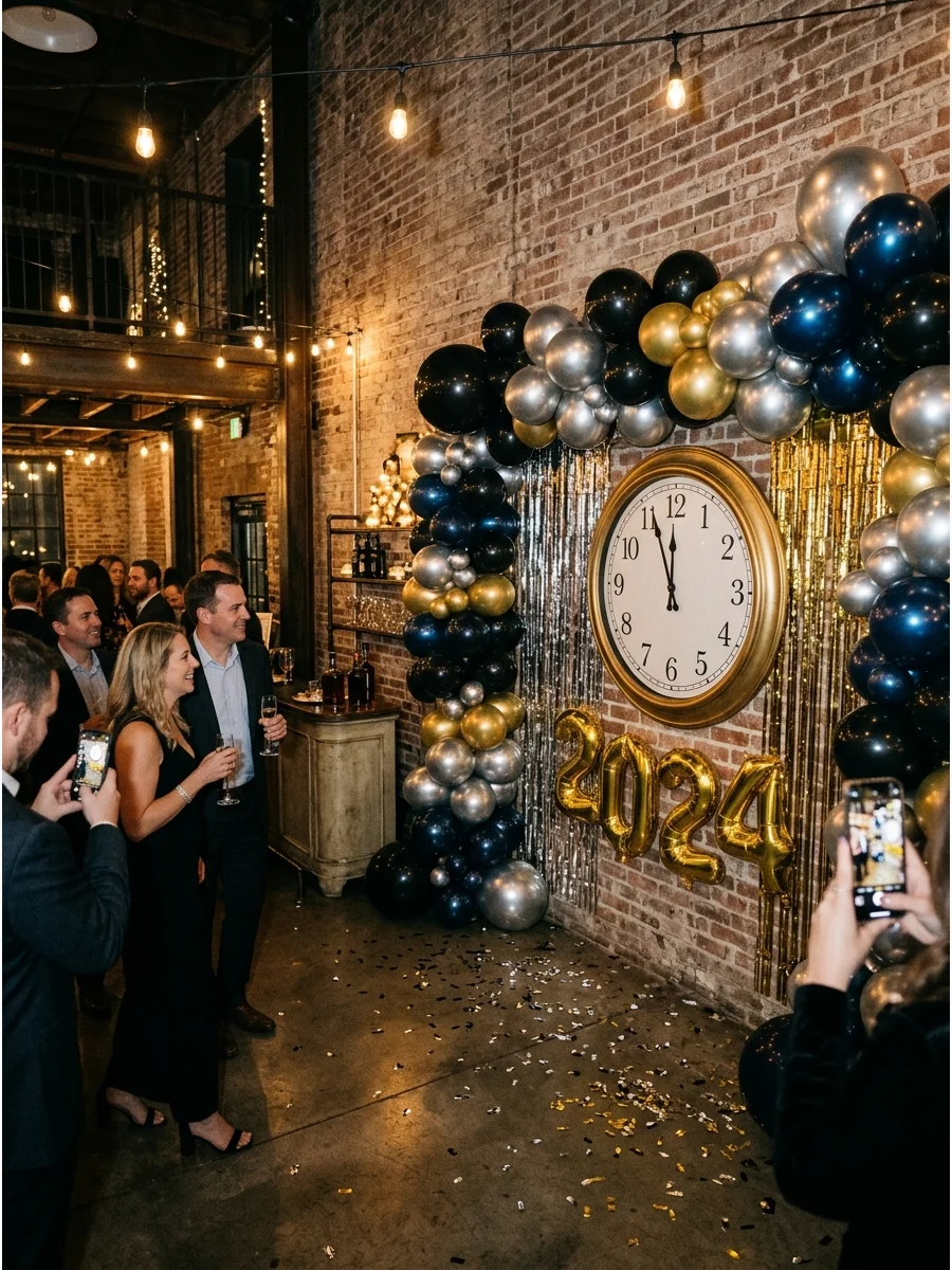 A large countdown wall with a clock and balloons.