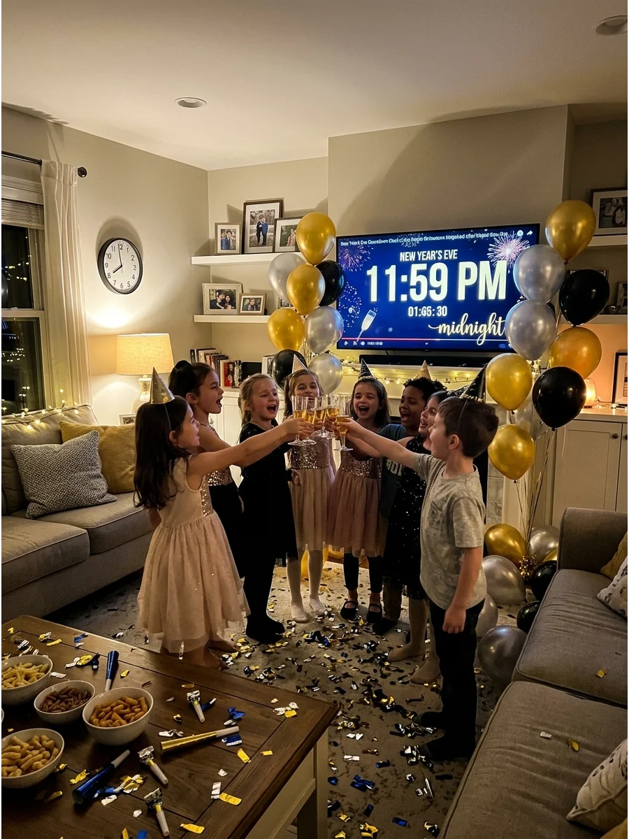 Children celebrating an early New Year countdown.
