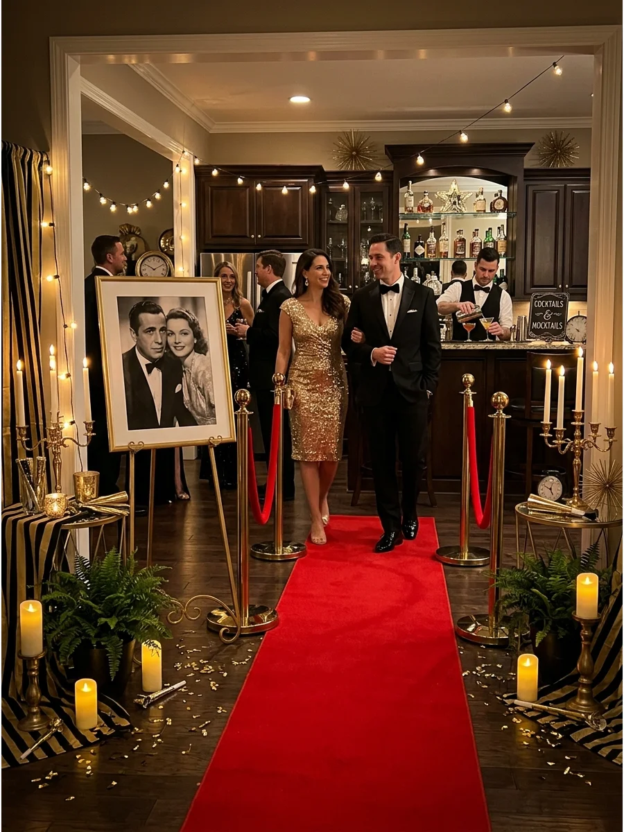 A red carpet entrance for an Old Hollywood themed party.