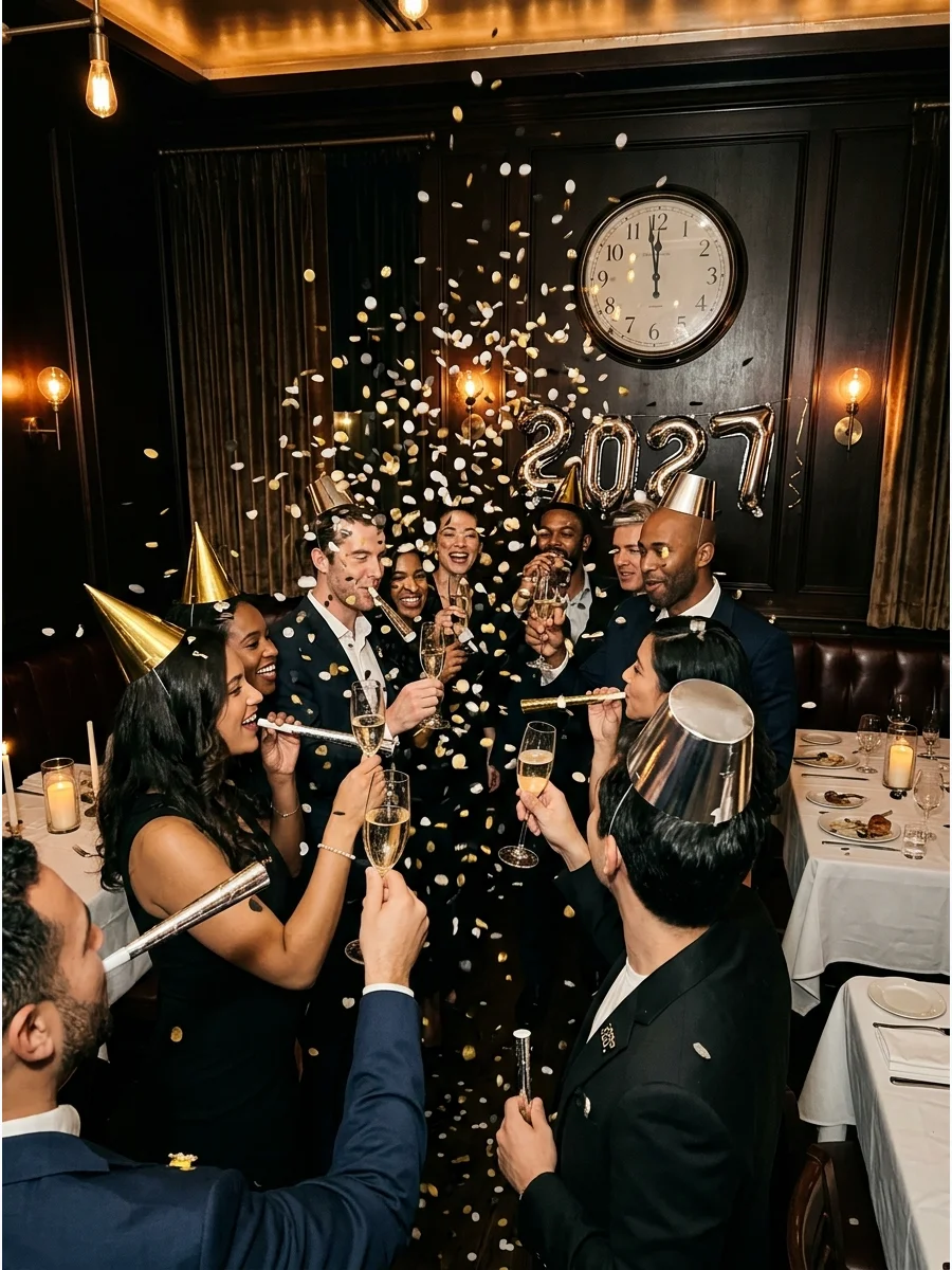 Guests toasting at midnight with confetti in the air.