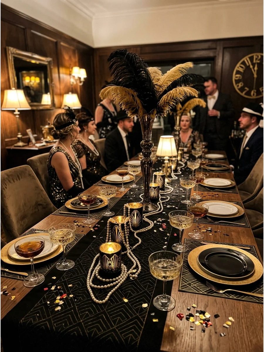 A Roaring Twenties themed table setting with feathers and pearls.