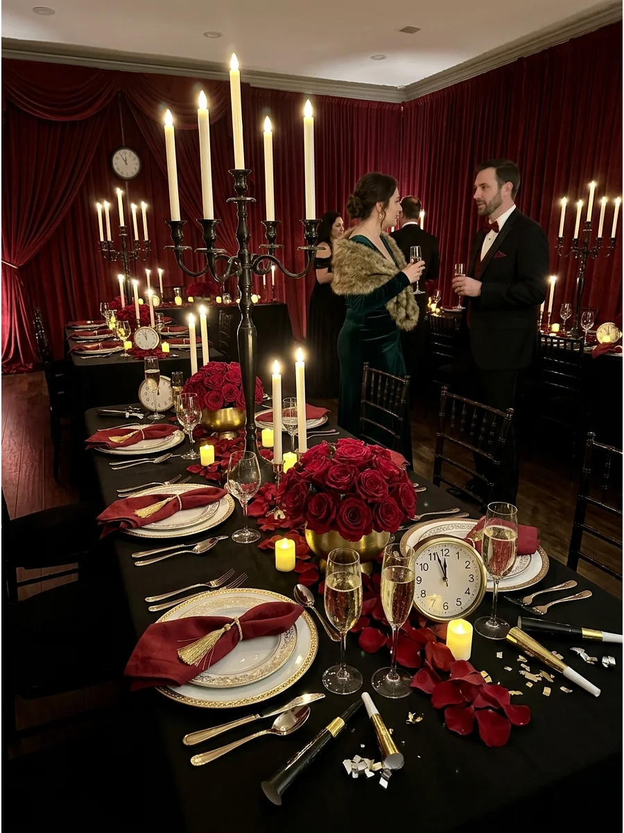 A dramatic opera-themed party with red velvet and candlelight.