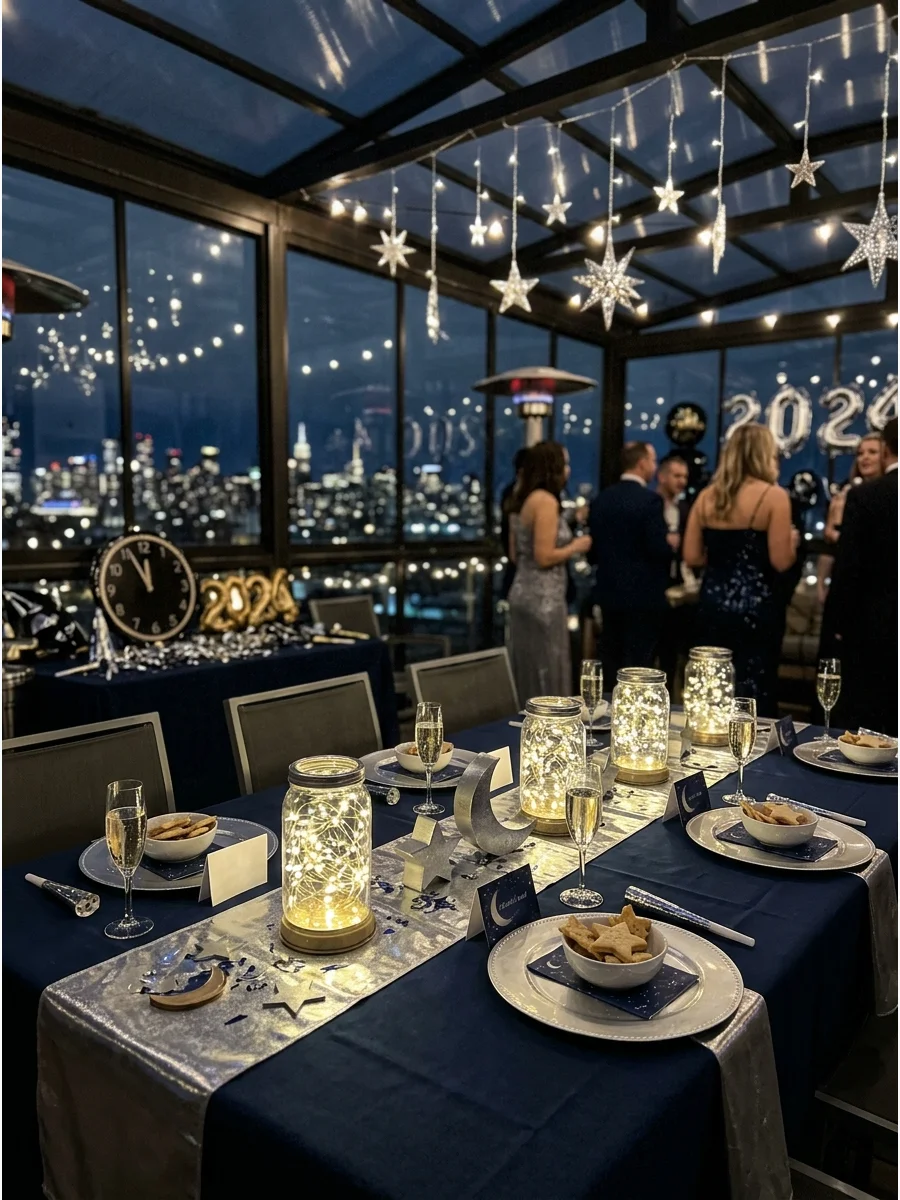 A celestial themed party with stars and midnight blue decor.
