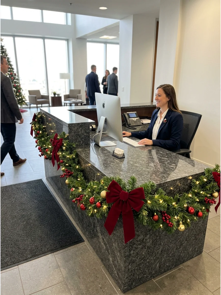 A decorated office reception desk with evergreen garland and red bows.