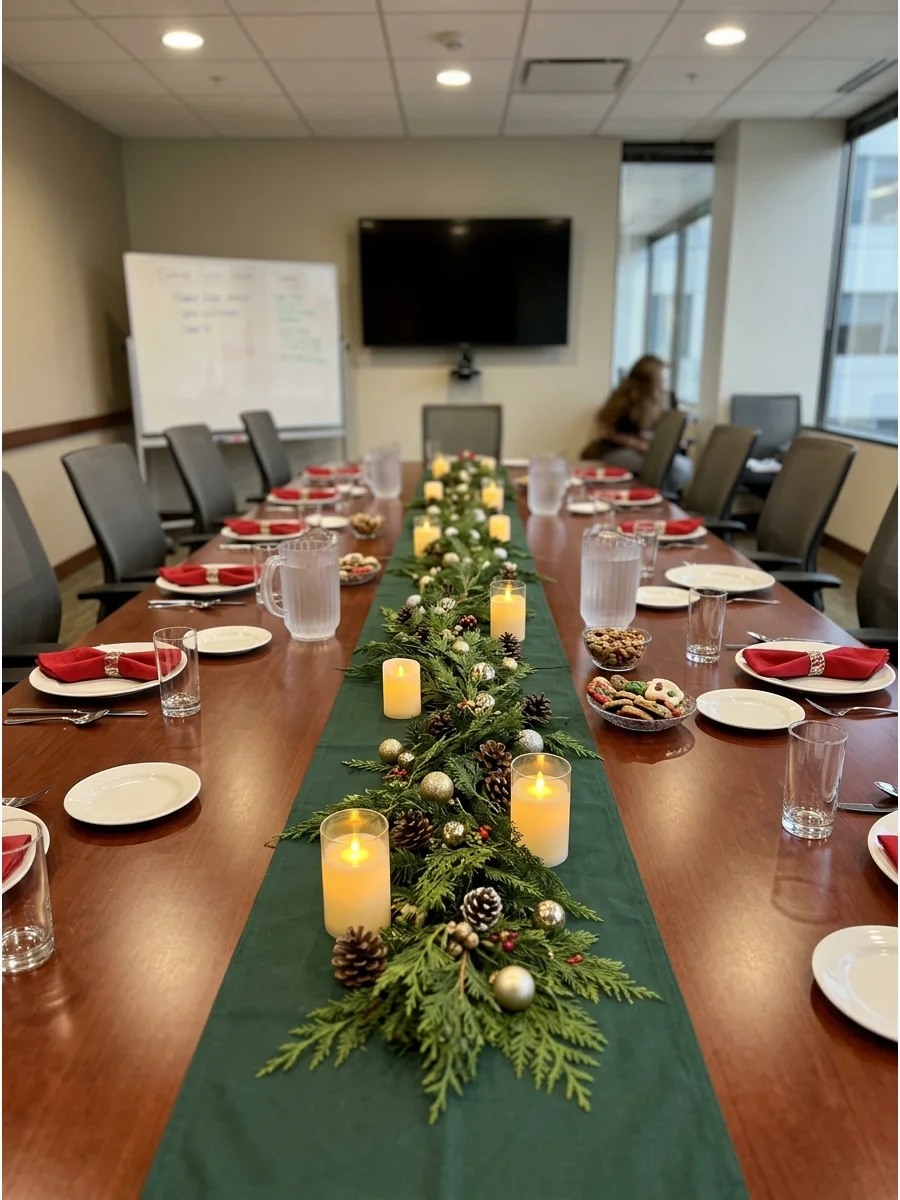 A festive evergreen garland centerpiece on a long office conference table.