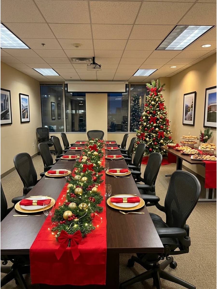 Red and gold decorations on a professional conference table.