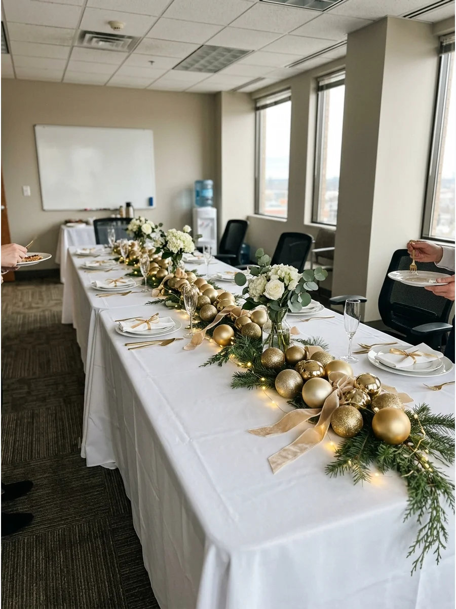 Elegant white and gold holiday decor in a modern office space.