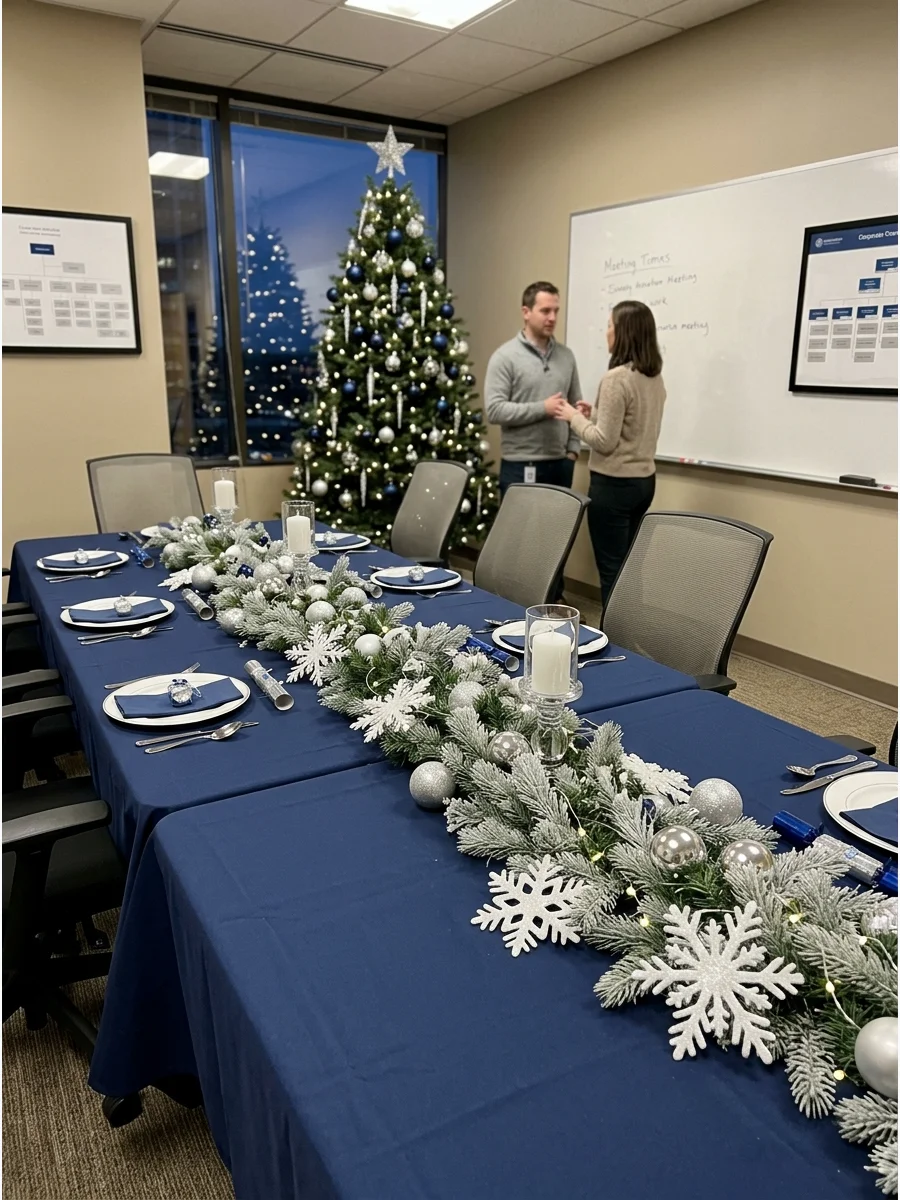 Blue and silver winter decorations in a corporate meeting room.