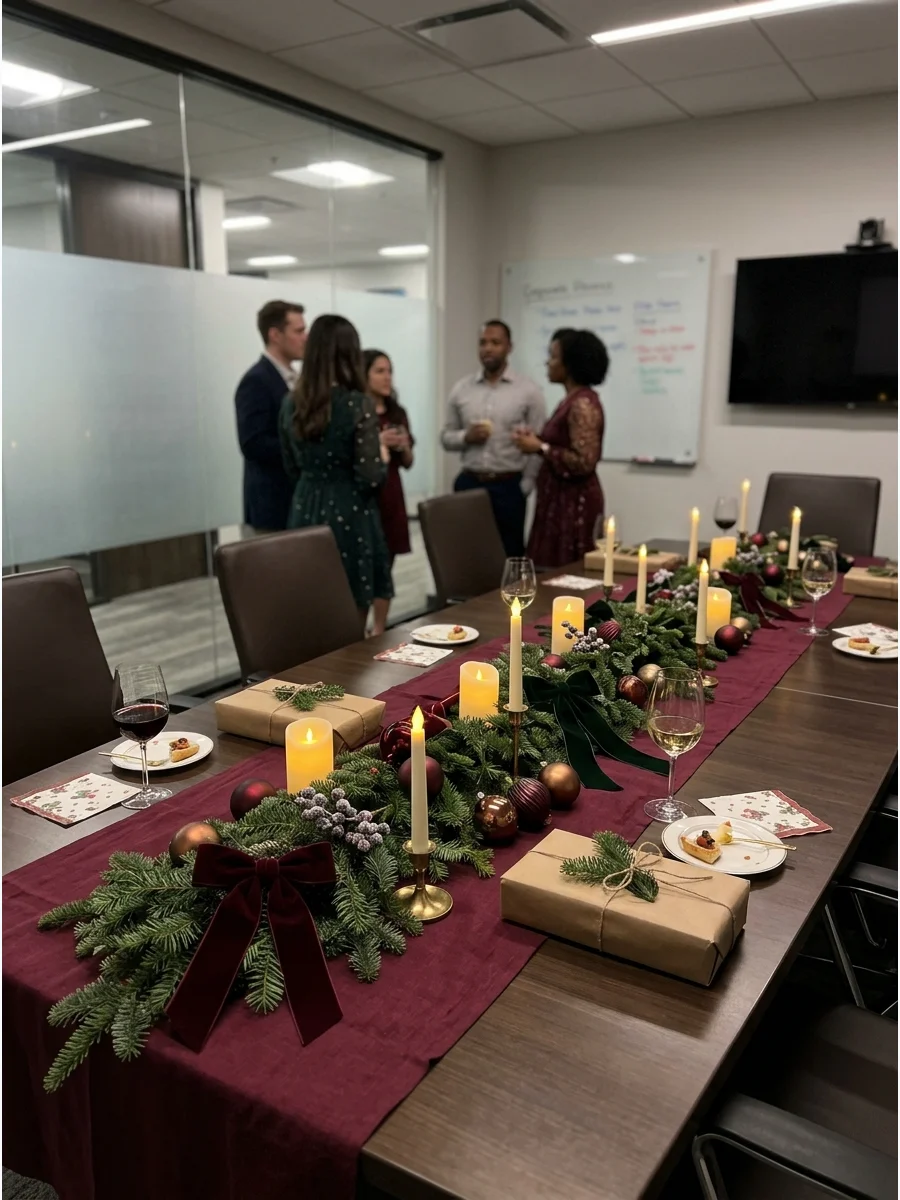 Deep burgundy and green holiday decorations on a large office table.