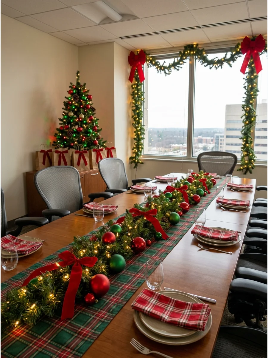 Traditional red and green Christmas decorations in a business setting.