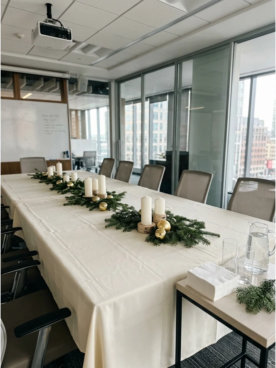 Minimalist holiday decor with greenery and wood accents in an office.
