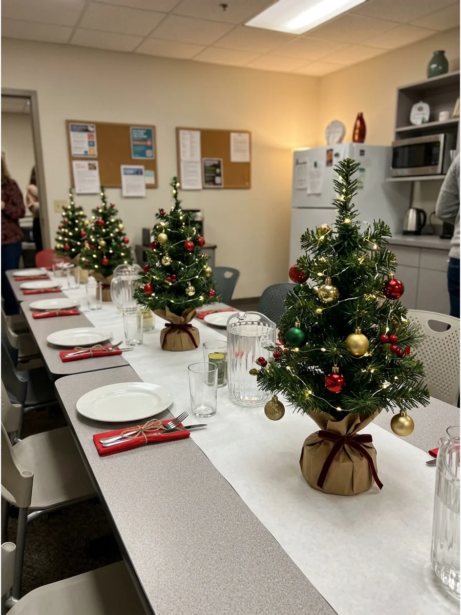 Miniature Christmas trees used as centerpieces on office breakroom tables.
