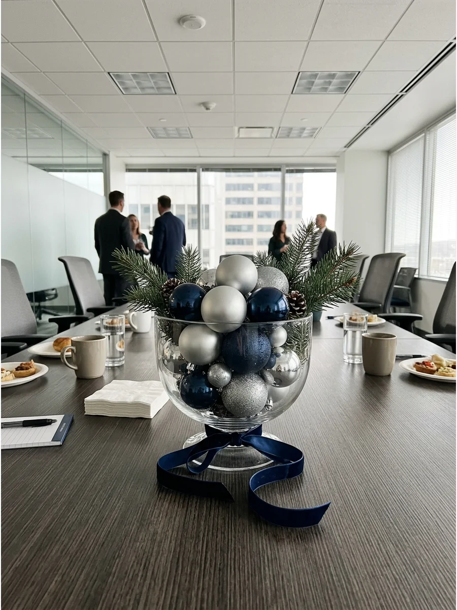 Glass bowls filled with holiday ornaments on a conference table.