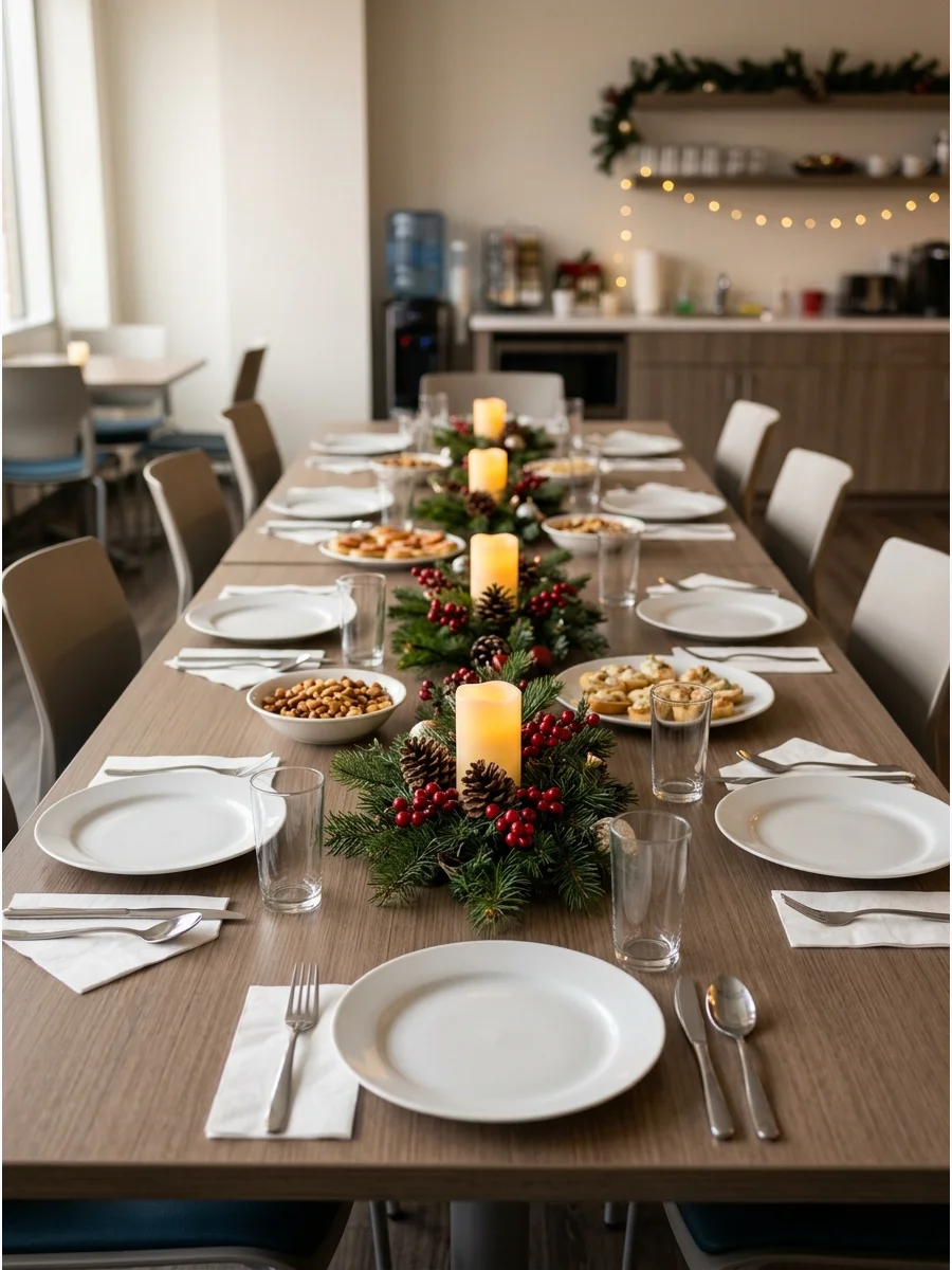 Evergreen branches and battery-operated candles on a dining table.