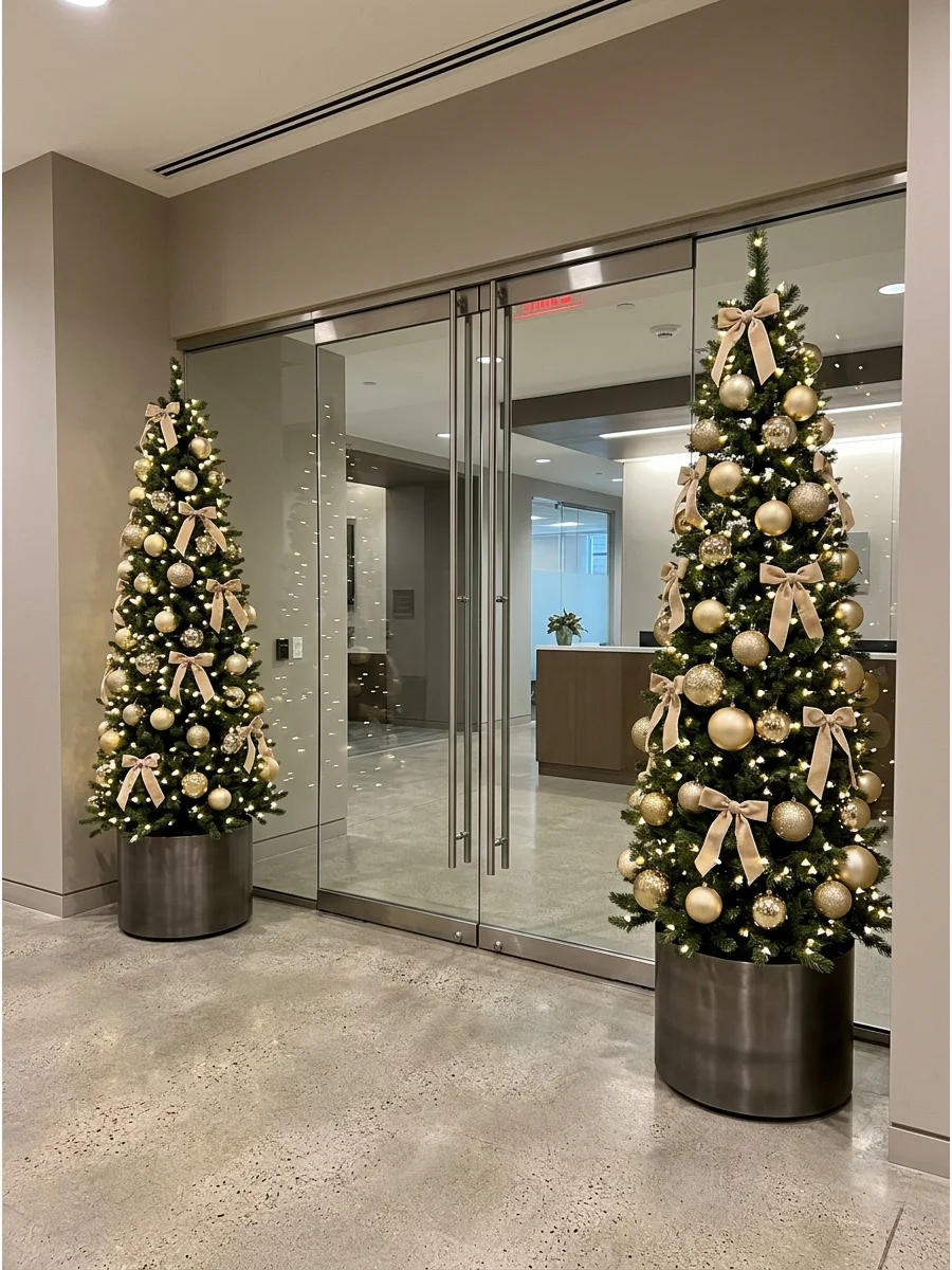 Two gold and silver themed Christmas trees at an office entrance.