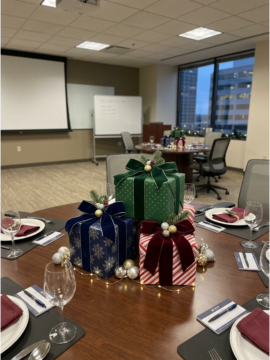 Decorative gift boxes stacked as a centerpiece in a corporate room.