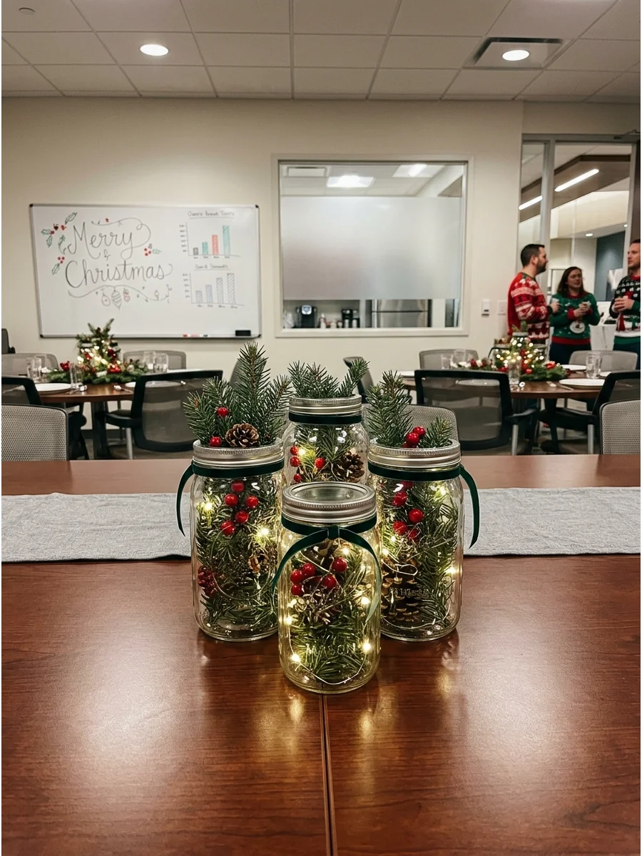 Mason jar centerpieces with greenery and lights on an office table.