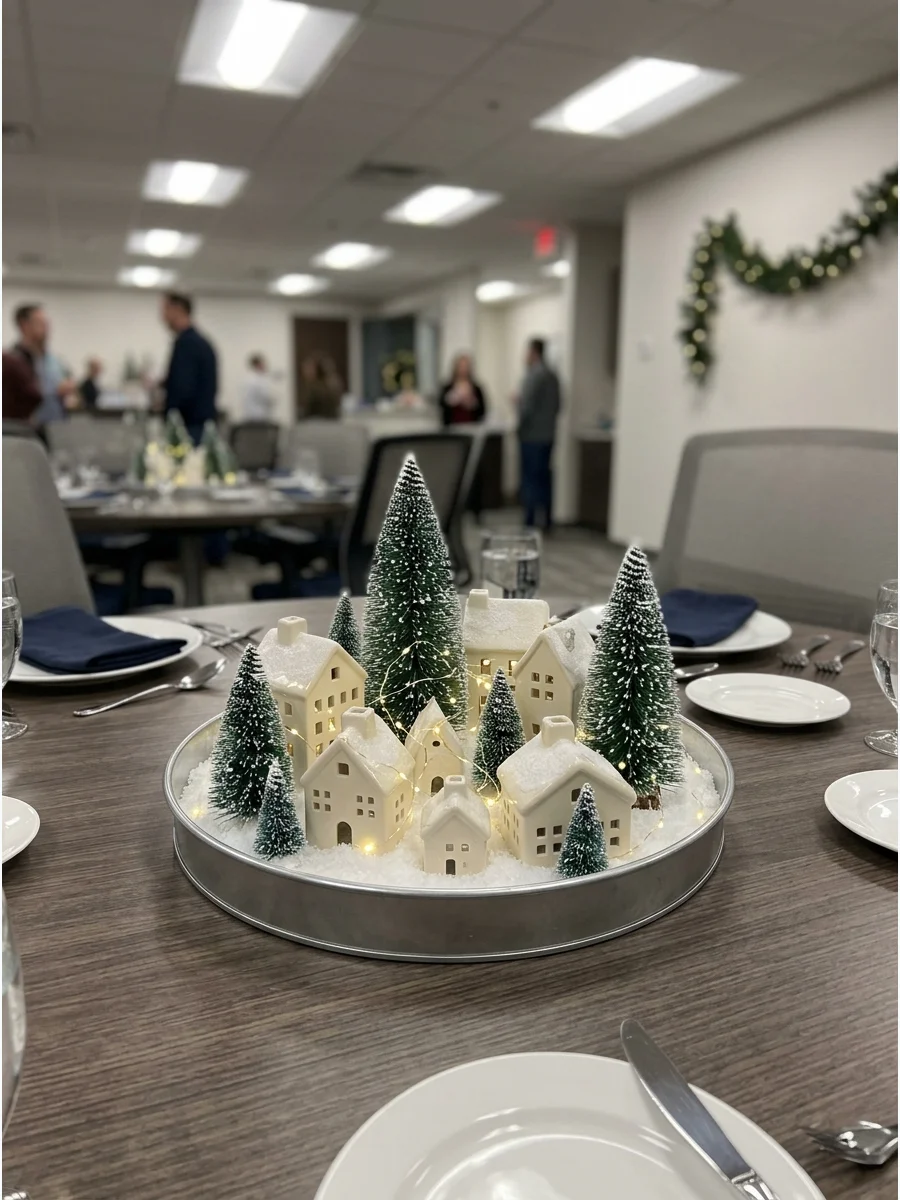 A small winter village centerpiece on a round table in an office.