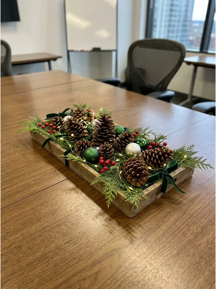 Rustic pinecone and cedar greenery centerpiece in a wooden tray.