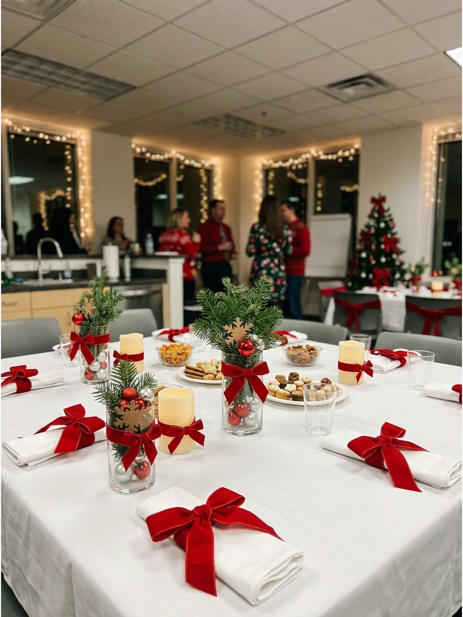 Red velvet bows used as decorations on office party table settings.