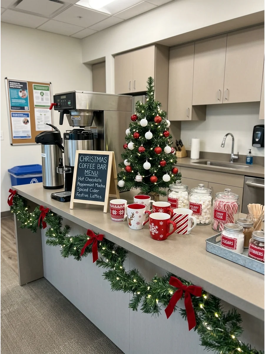 Office coffee bar with festive garland and holiday mugs.