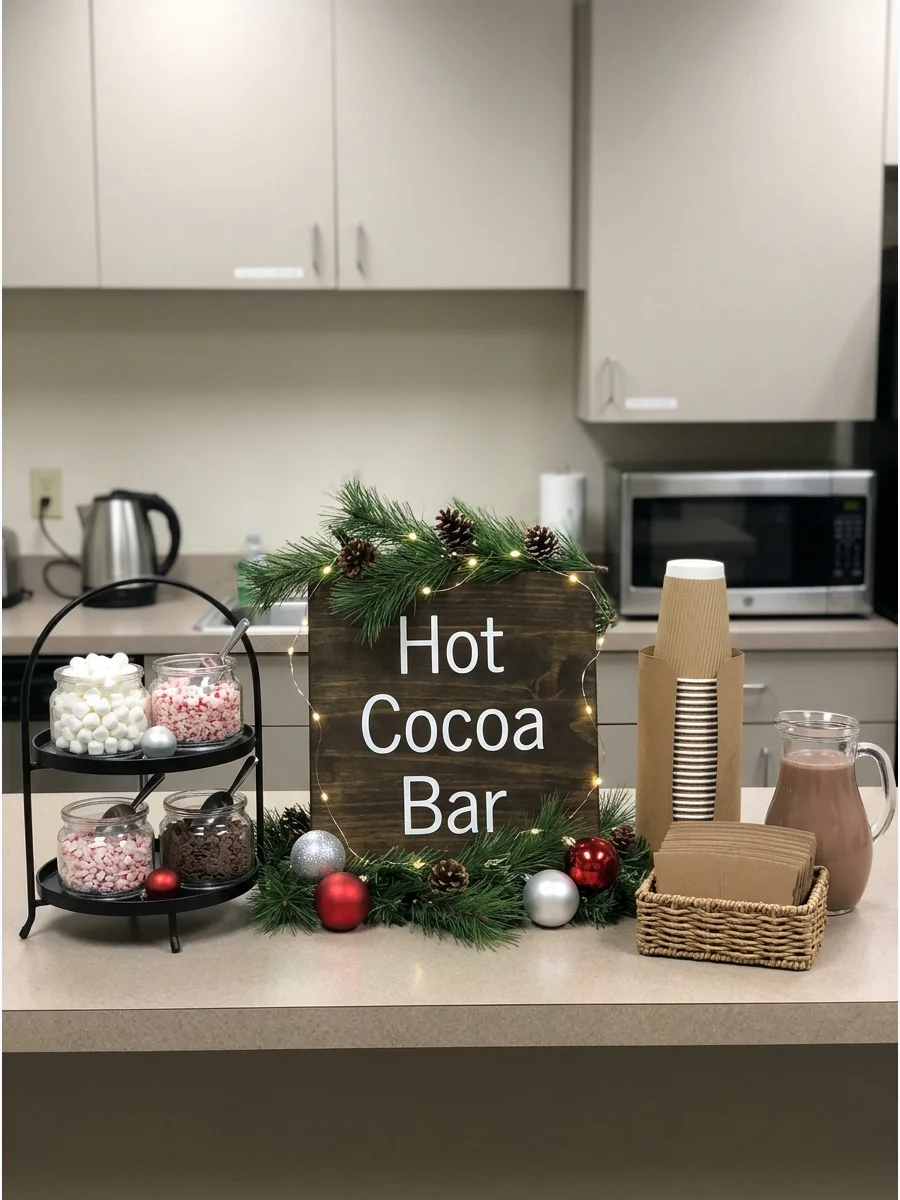 Hot cocoa bar with toppings and festive signage in an office breakroom.