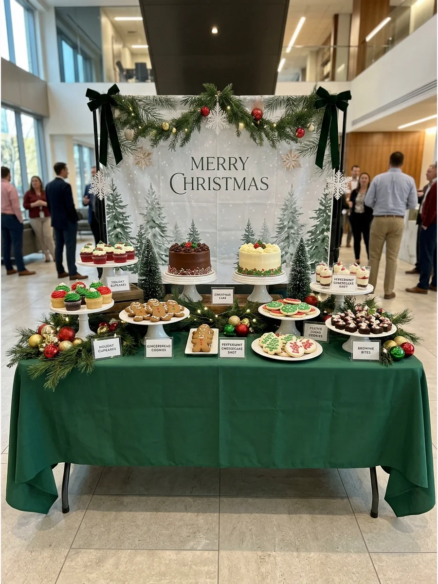 Elegant Christmas dessert table with tiered stands and greenery.