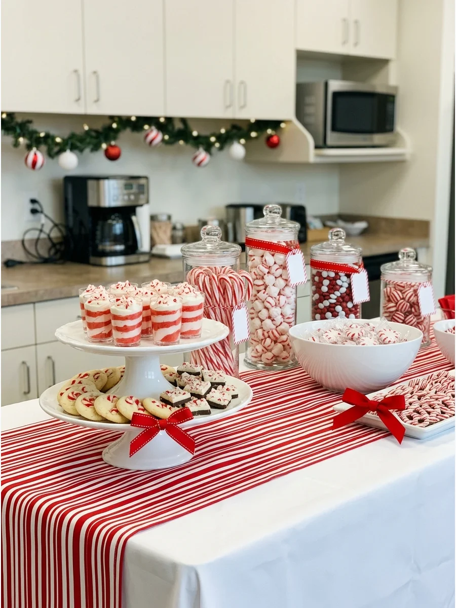 Red and white candy cane themed dessert station in an office.